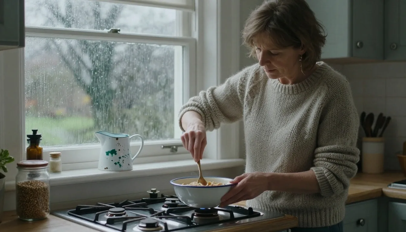 A woman making porridge in an ordinary UK kitchen on a grey morning