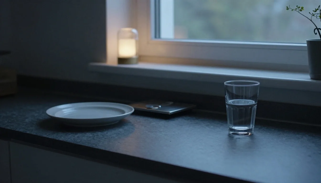 Plain ceramic dish, glass of water and a small steel scale on a cool grey slate counter at dusk
