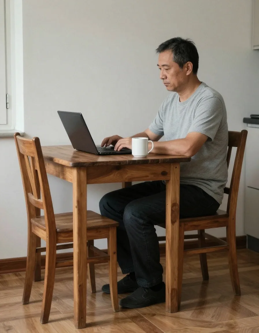 A man in his late fifties sitting upright at a kitchen table with both feet flat on the floor