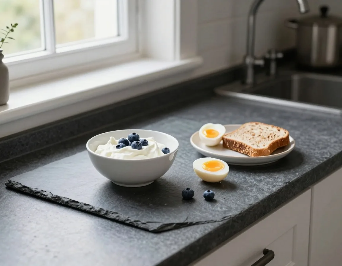 A breakfast of Greek yoghurt with berries, soft-boiled eggs and wholegrain toast on a slate worktop