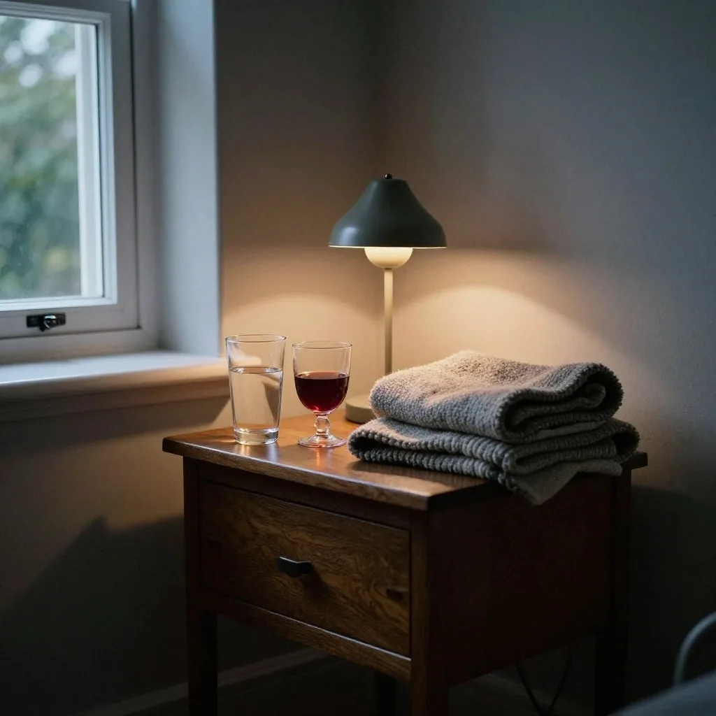A half-finished coffee and a glass of water on a kitchen counter in late afternoon light
